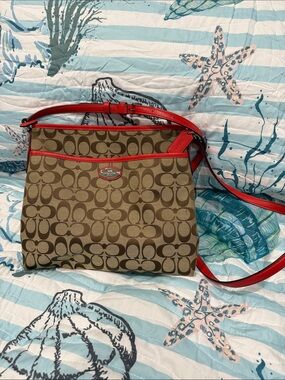 Coach Khaki Signature Crossbody with Red Trim